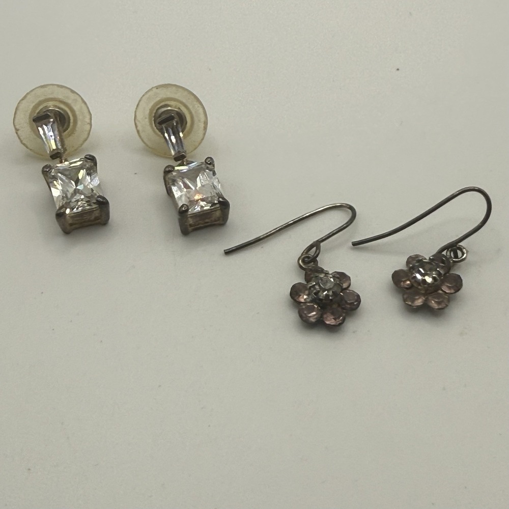 Vintage Rhinestone Earrings Two Pairs Pierced Dangle Clear Pink Flower